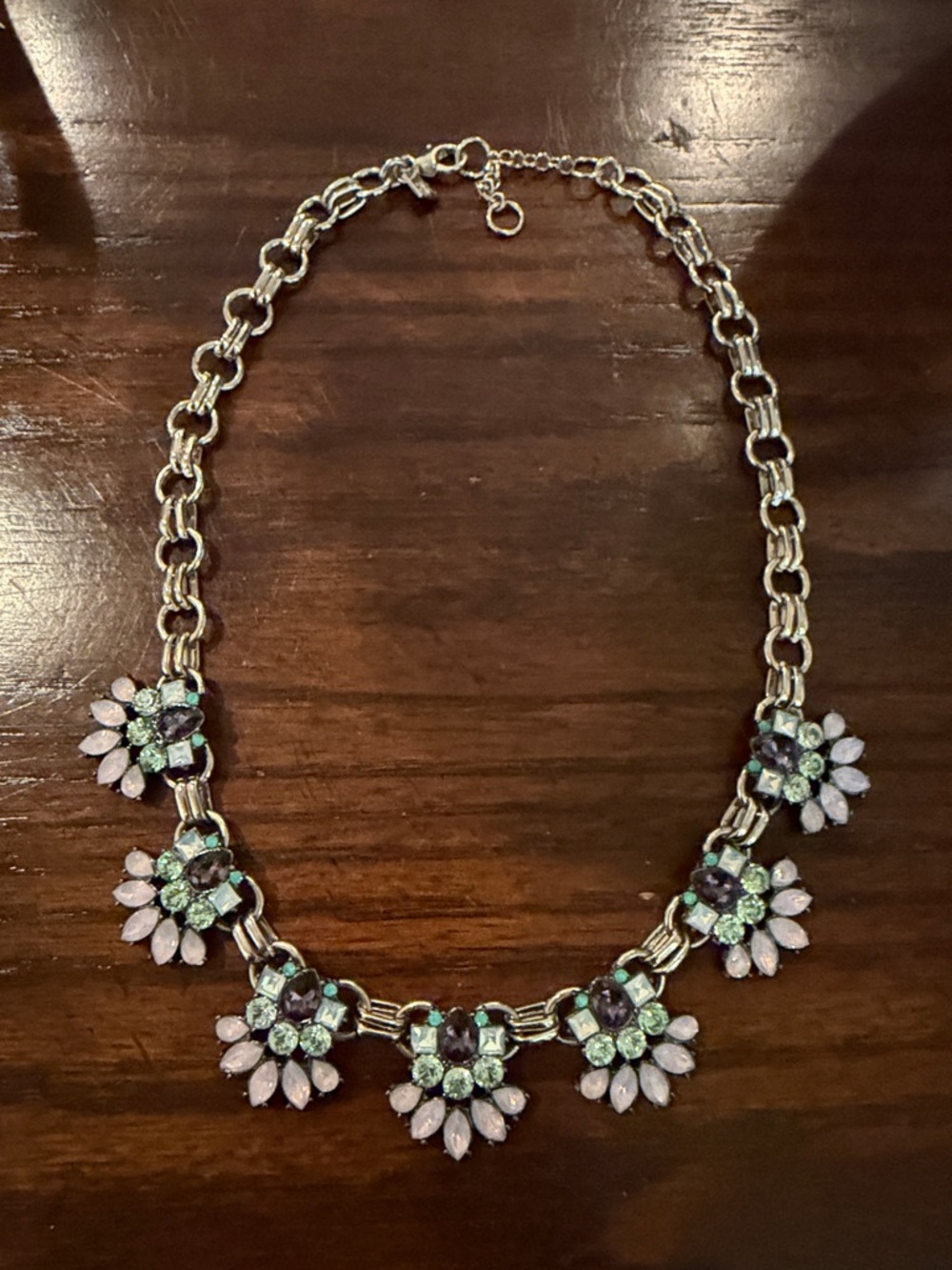 Banana Republic Silver Floral Crystal Necklace with Pink and Green Stones